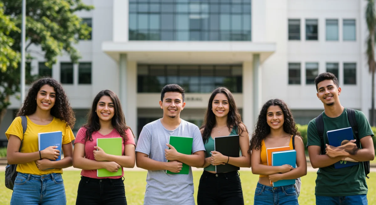 Estudantes brasileiros diversos e sorridentes em frente a uma universidade moderna no Brasil, com livros, simbolizando sucesso acadêmico e oportunidades.