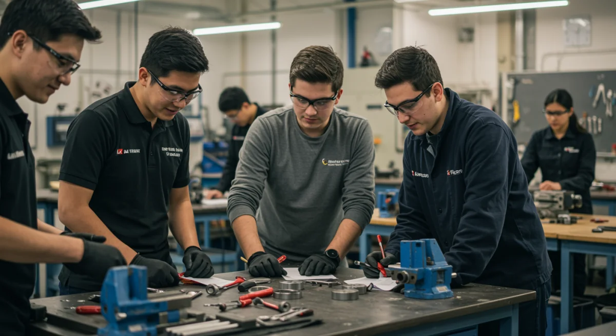 Grupo de estudantes em workshop prático de curso técnico, utilizando ferramentas e equipamentos.