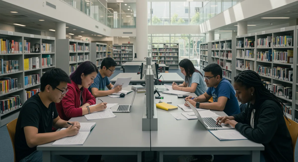 Grupo de estudantes em biblioteca moderna preparando-se para concursos.