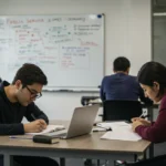 Estudantes focados em preparação para concursos públicos com notebooks e livros.