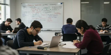Estudantes focados em preparação para concursos públicos com notebooks e livros.