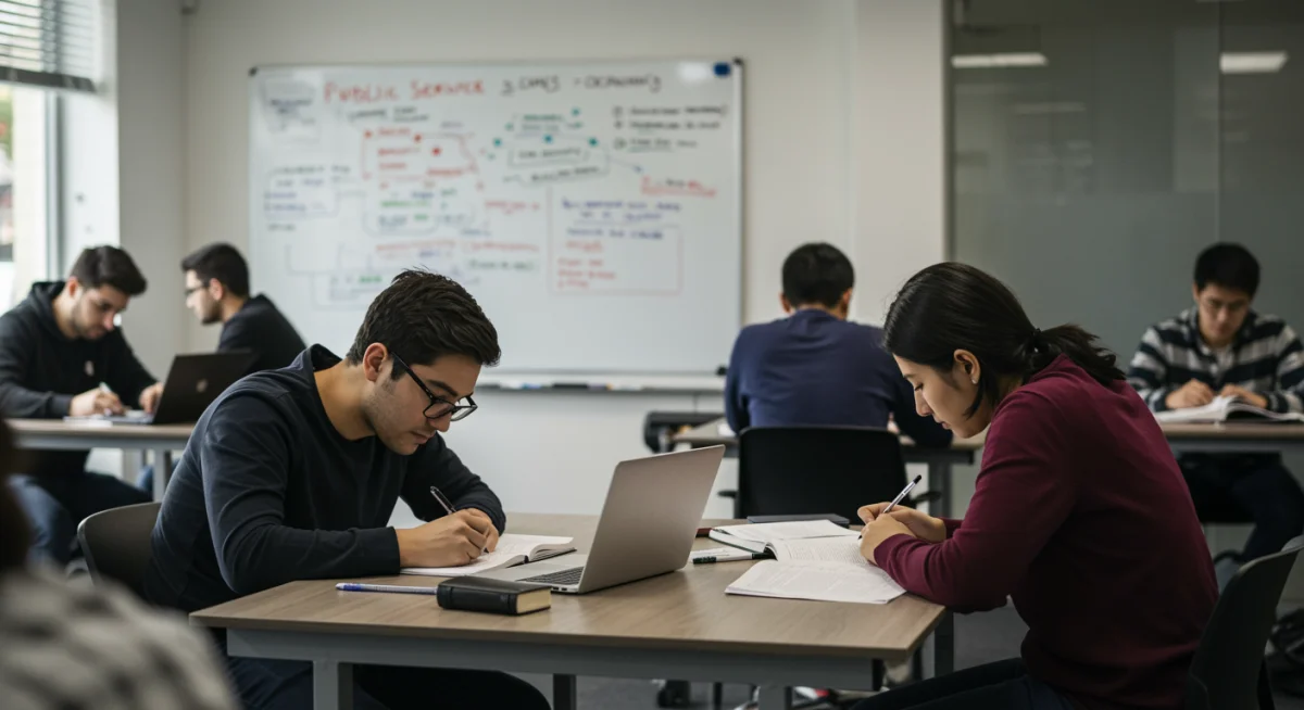 Estudantes focados em preparação para concursos públicos com notebooks e livros.