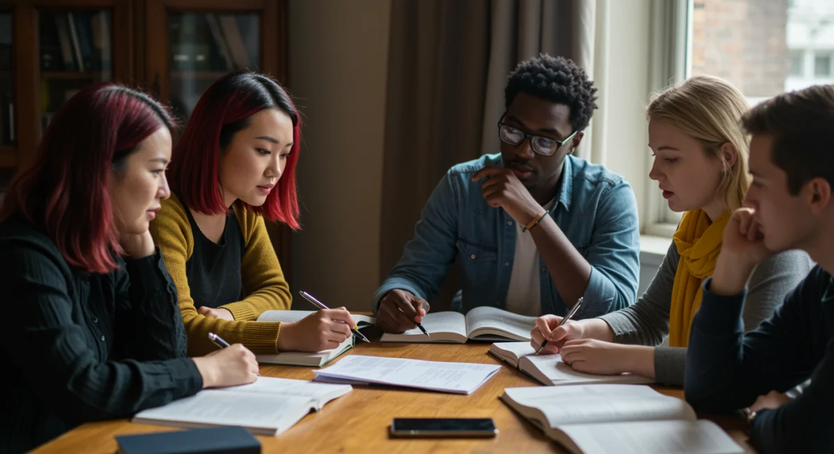 Grupo de estudantes colaborando em sessão de estudos para concursos, trocando conhecimentos.