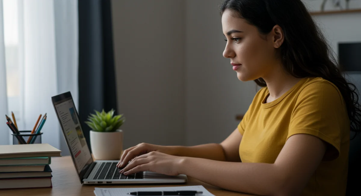 Pessoa concentrada estudando online em um laptop, utilizando uma plataforma de ensino digital para concursos públicos.