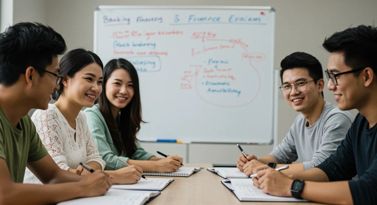 Grupo de estudo colaborativo se preparando para provas de concursos bancários, trocando conhecimentos e estratégias.