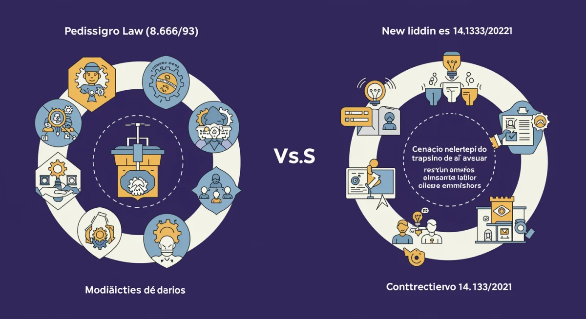 Infográfico comparando a Lei 8.666/93 e a Lei 14.133/2021, destacando as principais mudanças na legislação de licitações.