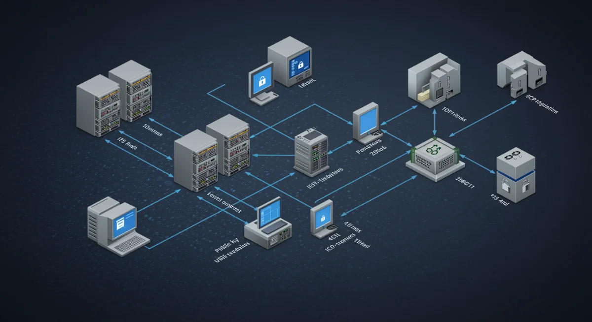 Infraestrutura ICP-Brasil com servidores e protocolos de segurança, ilustrando a base de confiança dos certificados digitais.