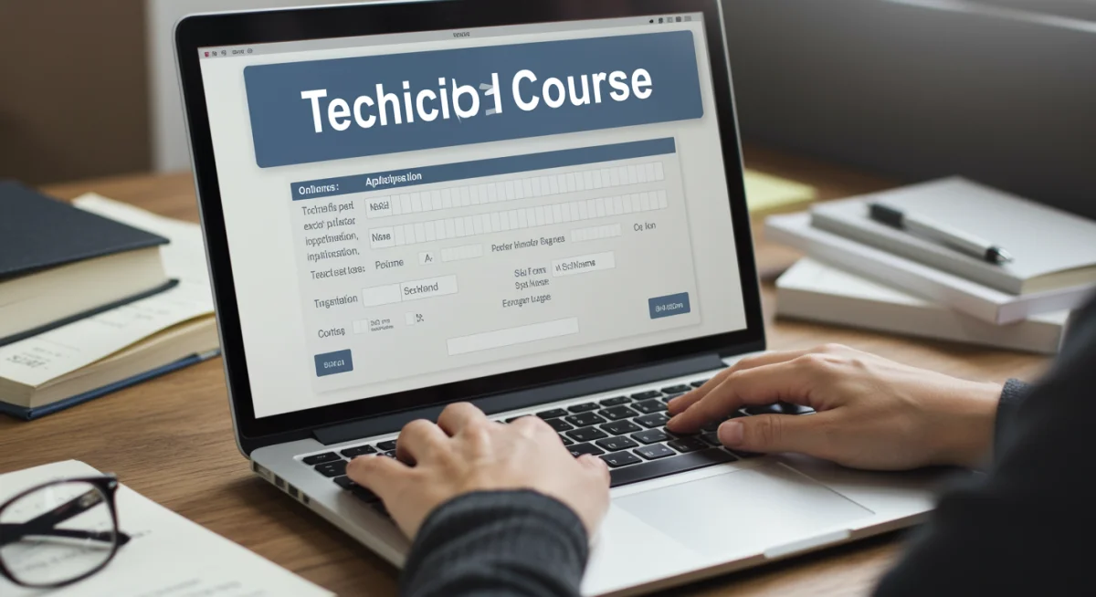 Mãos digitando em um laptop preenchendo um formulário de inscrição para curso técnico online.