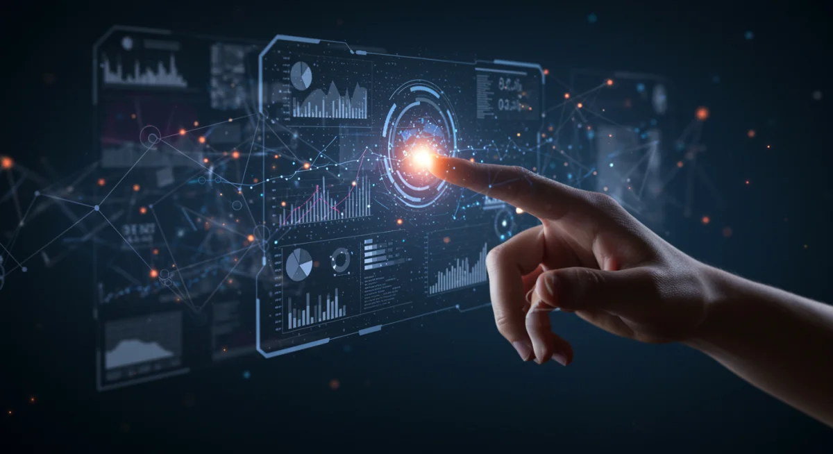 Ilustração digital de análise de dados e inteligência artificial, com mão interagindo com interface holográfica.