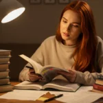 Jovem focada estudando para concurso público em 2025, cercada por materiais de estudo e um calendário.