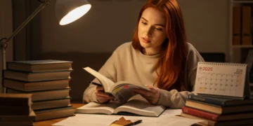 Jovem focada estudando para concurso público em 2025, cercada por materiais de estudo e um calendário.