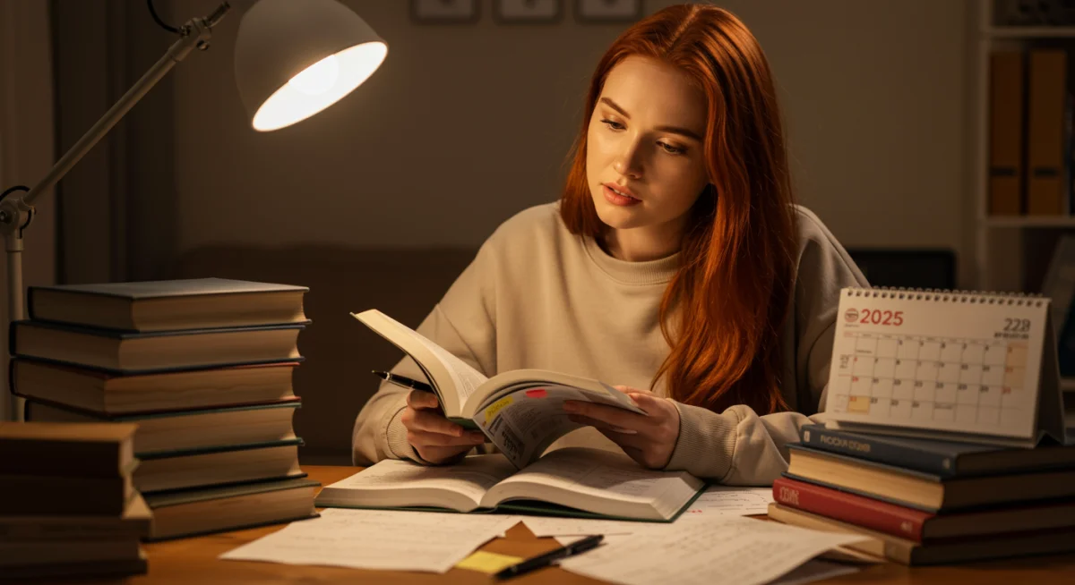 Jovem focada estudando para concurso público em 2025, cercada por materiais de estudo e um calendário.