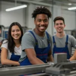 Jovens adultos em um curso técnico gratuito, engajados e aprendendo habilidades práticas para o mercado de trabalho.