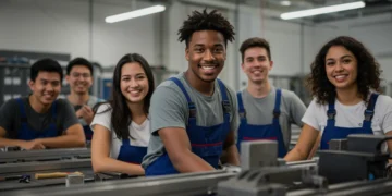 Jovens adultos em um curso técnico gratuito, engajados e aprendendo habilidades práticas para o mercado de trabalho.