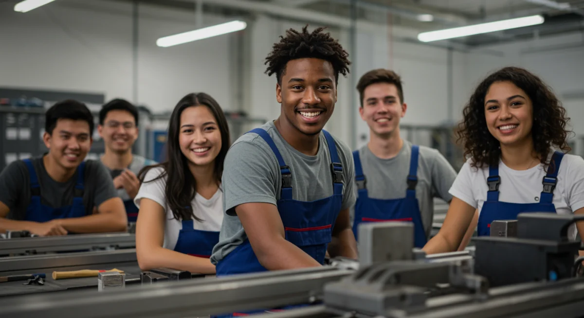 Jovens adultos em um curso técnico gratuito, engajados e aprendendo habilidades práticas para o mercado de trabalho.