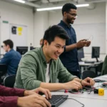 Jovens adultos em sala de aula moderna, engajados em cursos técnicos, representando inovação e futuro profissional.