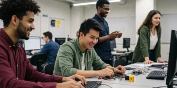 Jovens adultos em sala de aula moderna, engajados em cursos técnicos, representando inovação e futuro profissional.