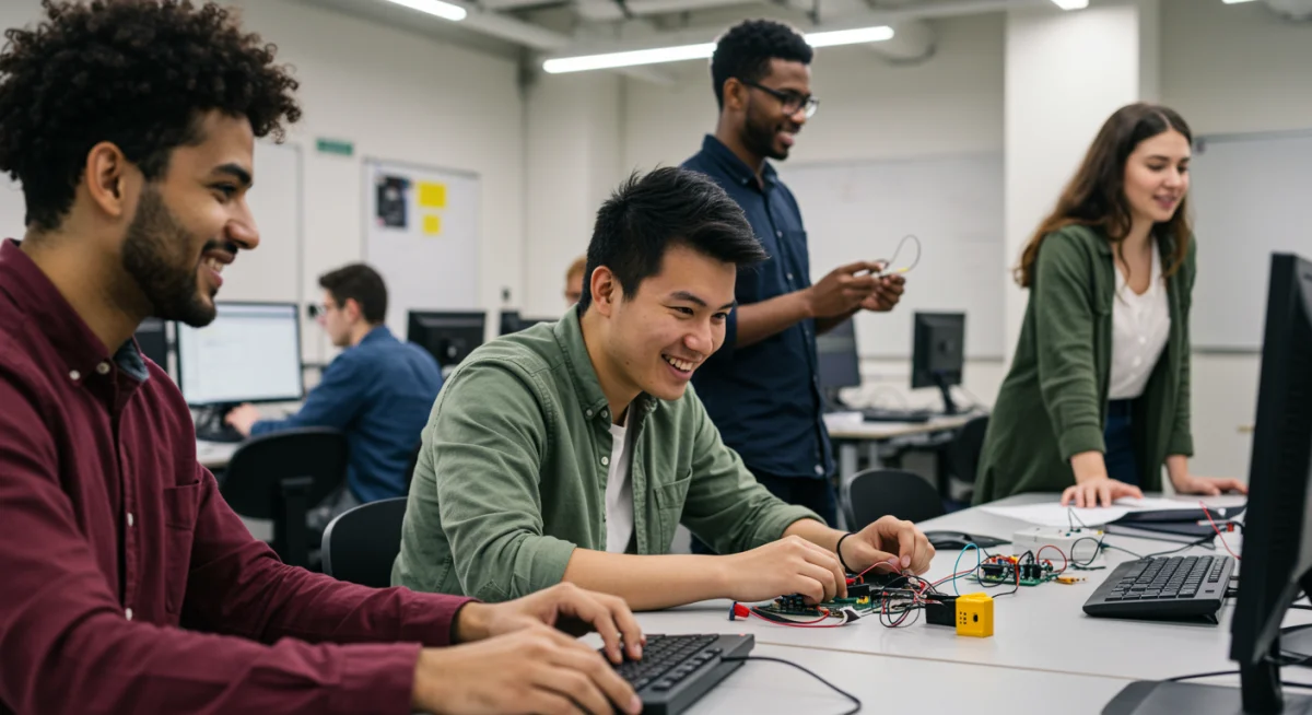 Jovens adultos em sala de aula moderna, engajados em cursos técnicos, representando inovação e futuro profissional.