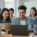 Jovens adultos estudando com entusiasmo em cursos técnicos EAD gratuitos, com laptops abertos e materiais de estudo, simbolizando rápida inserção no mercado de trabalho.