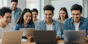 Jovens adultos estudando com entusiasmo em cursos técnicos EAD gratuitos, com laptops abertos e materiais de estudo, simbolizando rápida inserção no mercado de trabalho.