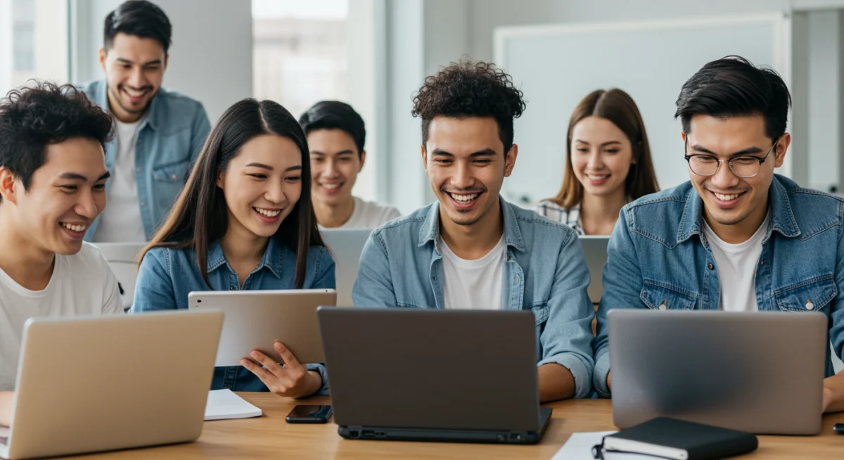 Jovens adultos estudando com entusiasmo em cursos técnicos EAD gratuitos, com laptops abertos e materiais de estudo, simbolizando rápida inserção no mercado de trabalho.