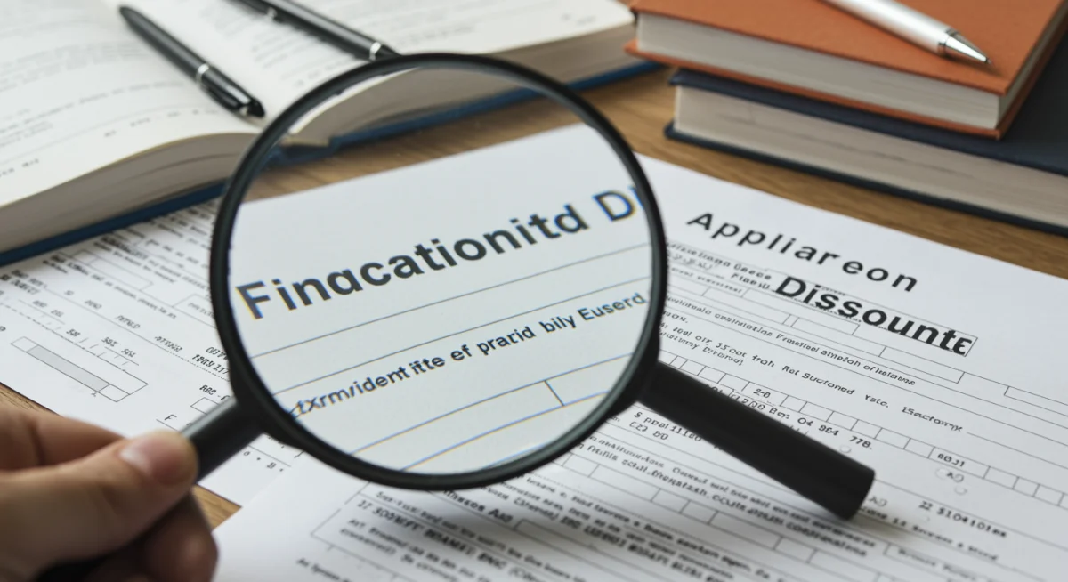 Lupa sobre documentos de bolsas de estudo e formulários de inscrição, enfatizando a busca detalhada por oportunidades.