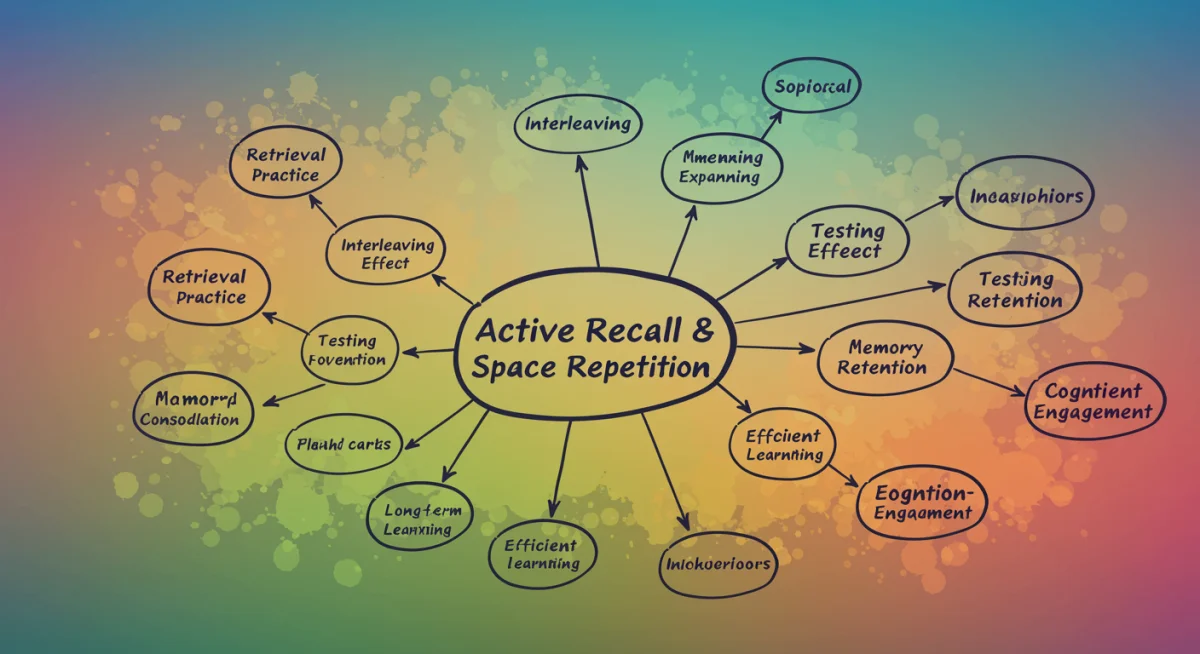 Mapa mental ilustrando conceitos de recall ativo e repetição espaçada.