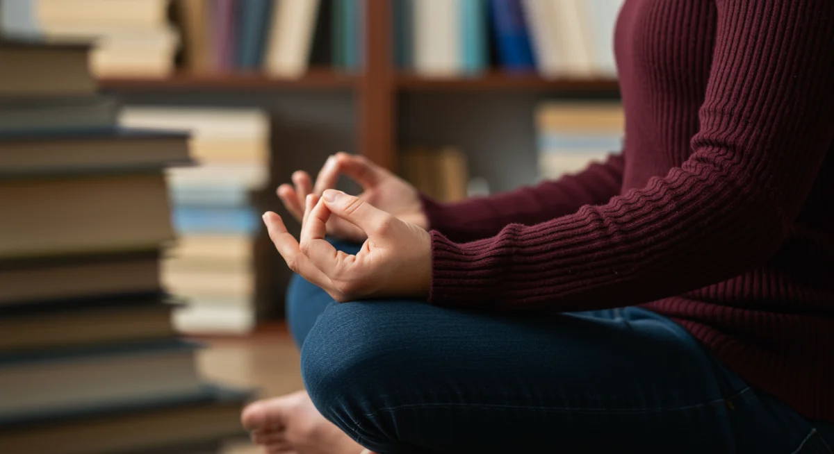 Pessoa meditando para gerenciar o estresse, em um ambiente de estudo tranquilo e organizado.