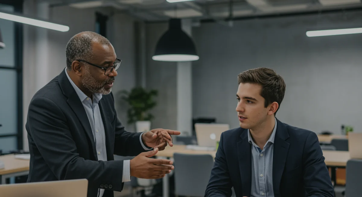 Mentor experiente orientando um jovem profissional em um ambiente de trabalho colaborativo.