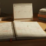 Mesa de estudos organizada com um cronograma de 6 meses para concursos, livros e materiais de escritório.