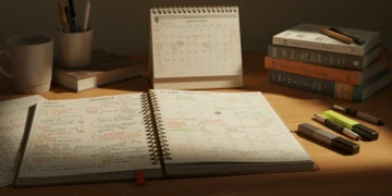 Mesa de estudos organizada com um cronograma de 6 meses para concursos, livros e materiais de escritório.