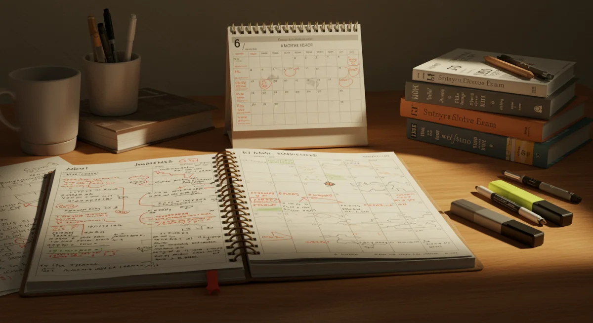 Mesa de estudos organizada com um cronograma de 6 meses para concursos, livros e materiais de escritório.