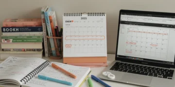 Mesa de estudos organizada com livros, cadernos e um cronograma do ENEM 2025