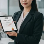 Mulher profissional exibindo certificado EAD em tablet, com gráfico de aumento salarial ao fundo, simbolizando sucesso na carreira.