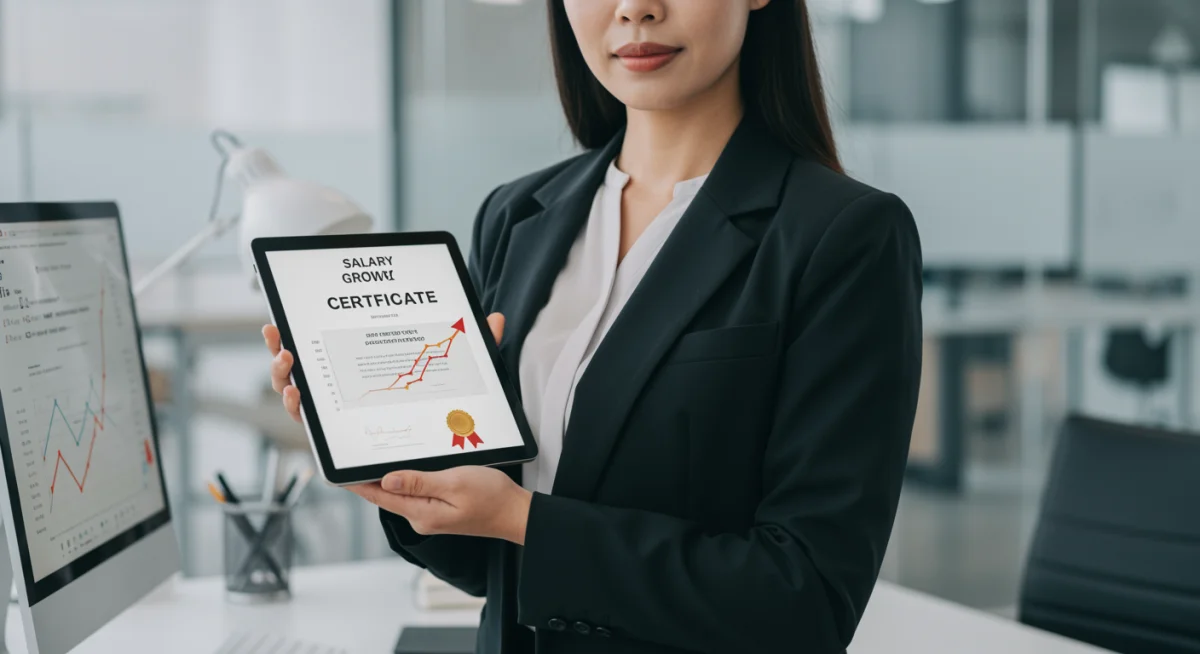 Mulher profissional exibindo certificado EAD em tablet, com gráfico de aumento salarial ao fundo, simbolizando sucesso na carreira.