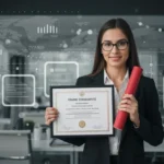 Mulher profissional segurando certificado, simbolizando a nova legislação para cursos técnicos gratuitos.