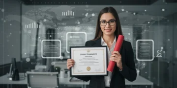 Mulher profissional segurando certificado, simbolizando a nova legislação para cursos técnicos gratuitos.