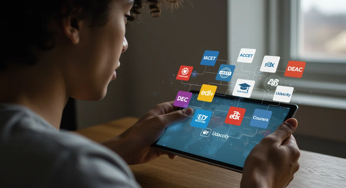 Pessoa navegando em plataformas de cursos online em tablet, buscando selos de reconhecimento e credibilidade educacional.