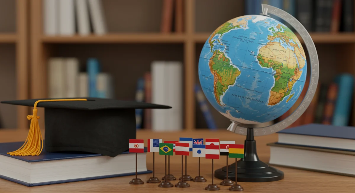 Globo terrestre com bandeiras de países, livros e capelo, simbolizando oportunidades de estudo global.