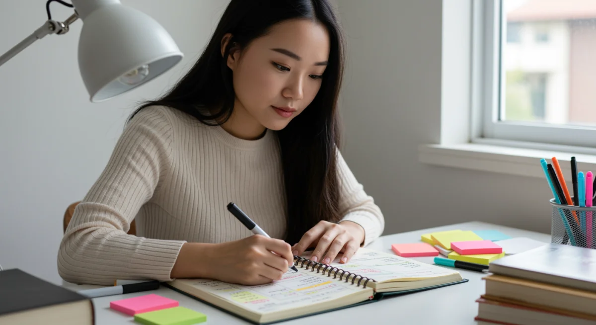 Pessoa organizando cronograma de estudos para concursos públicos com planner e canetas coloridas.