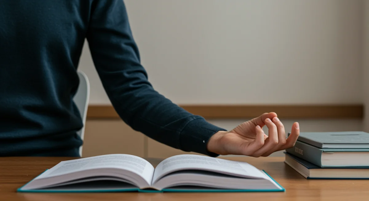 Pessoa fazendo uma pausa rápida para relaxar e gerenciar o estresse durante os estudos para concursos.