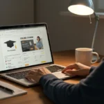 Pessoa concentrada estudando em um notebook, em casa, com materiais de estudo e um ambiente organizado, conciliando trabalho e curso EAD.