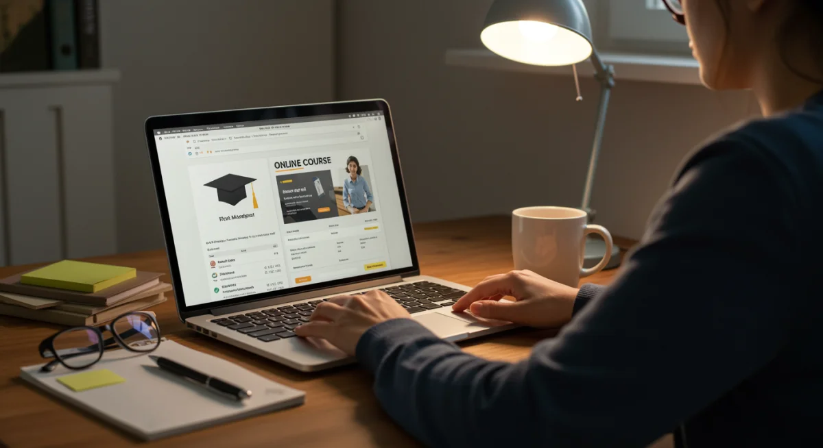 Pessoa concentrada estudando em um notebook, em casa, com materiais de estudo e um ambiente organizado, conciliando trabalho e curso EAD.