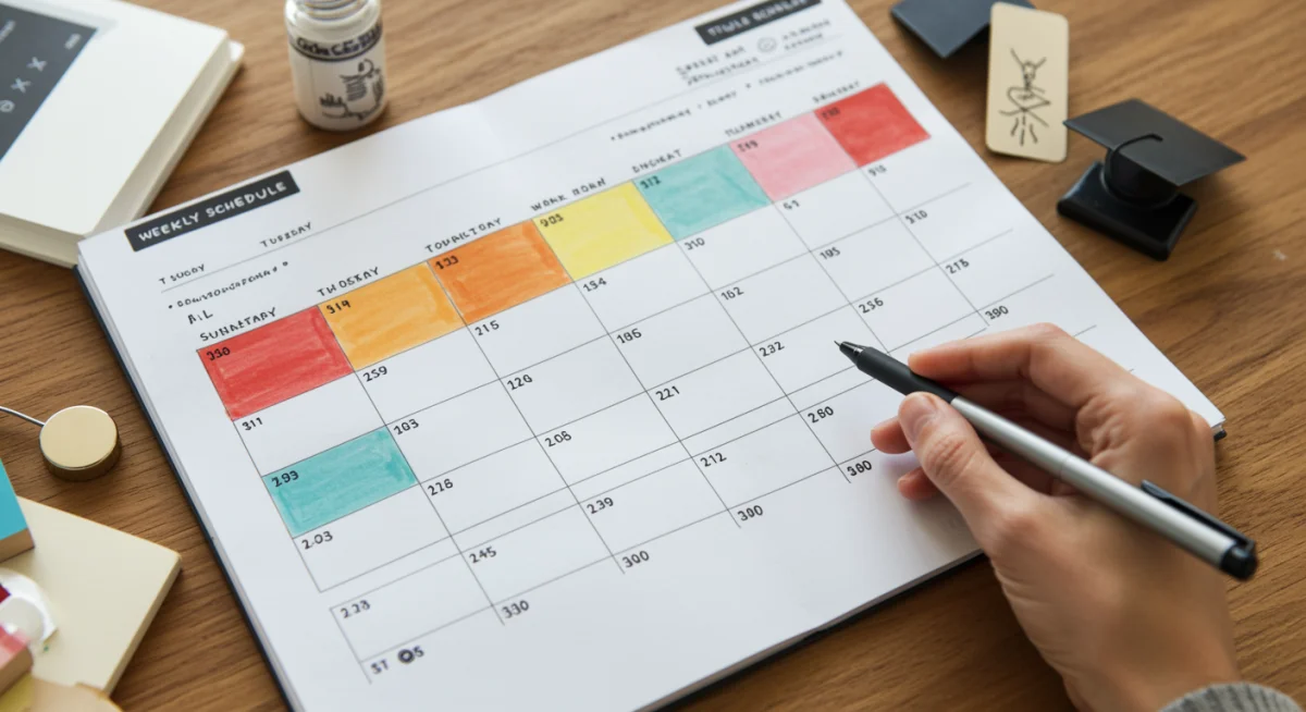 Planejamento de estudos e trabalho para concursos públicos em uma agenda semanal colorida.