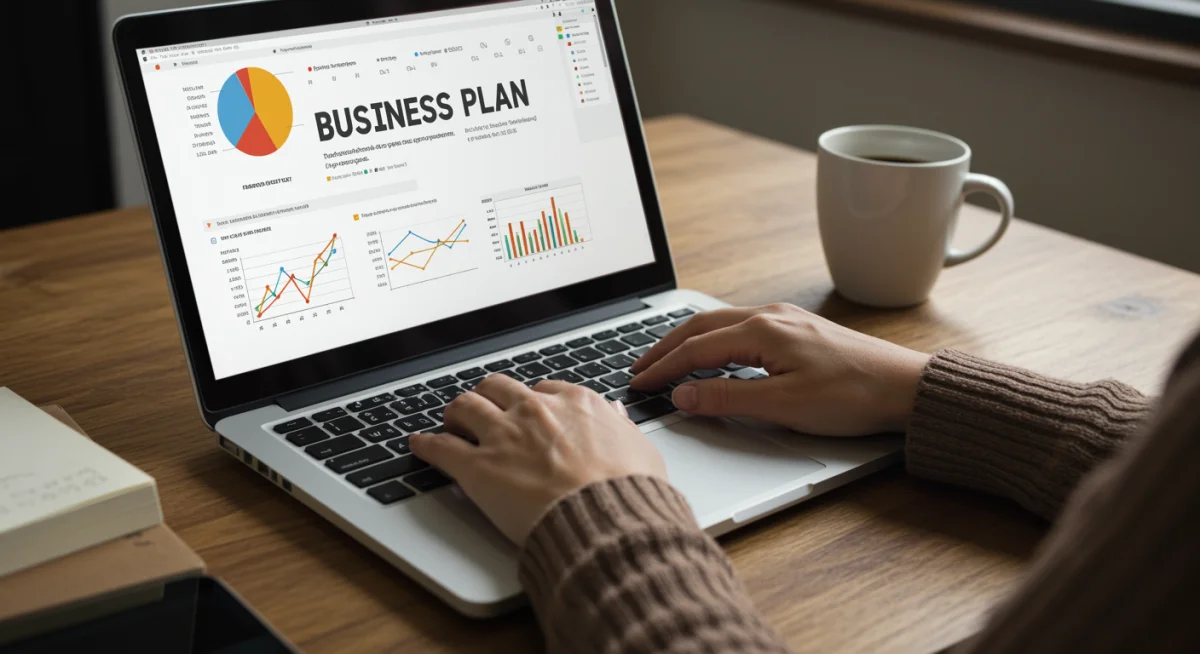 Mãos digitando em um laptop com um plano de negócios na tela, em um escritório doméstico, destacando o aprendizado flexível para empreendedores.