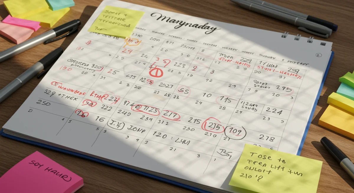 Planejamento e organização de estudos e trabalho em um calendário, destacando a gestão de tempo.
