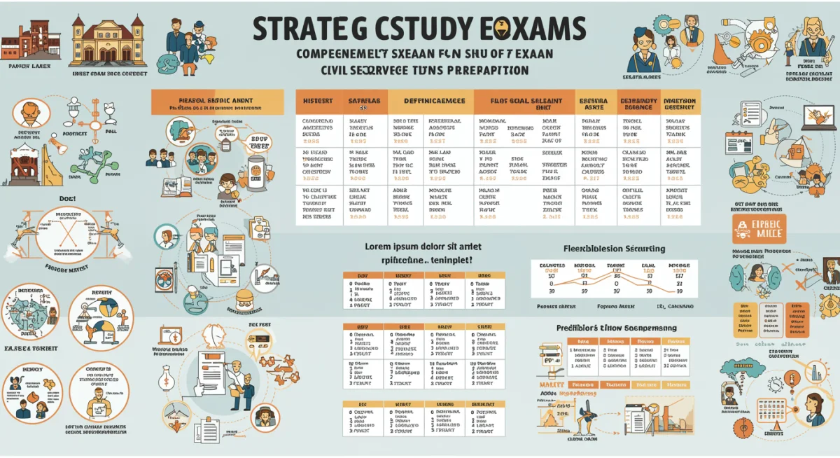 Infográfico detalhando um plano de estudos estratégico para concursos públicos, com divisão de matérias e tempo.