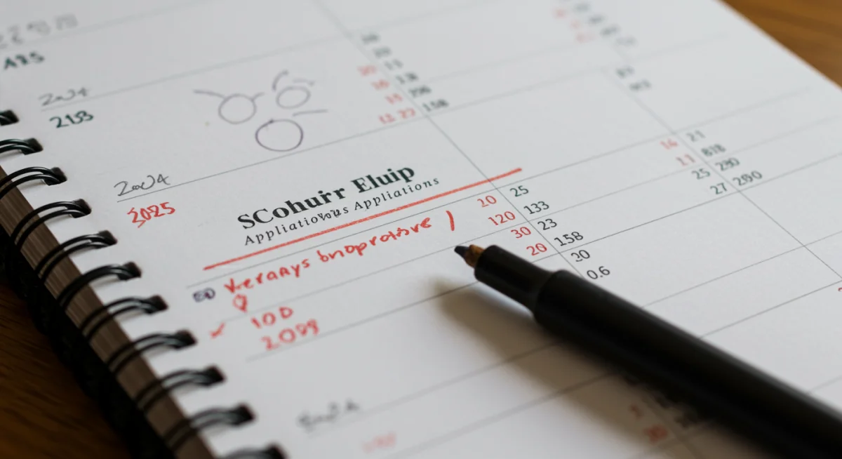 Calendário com prazos importantes e datas de inscrição para bolsas de estudo em 2025 destacados.