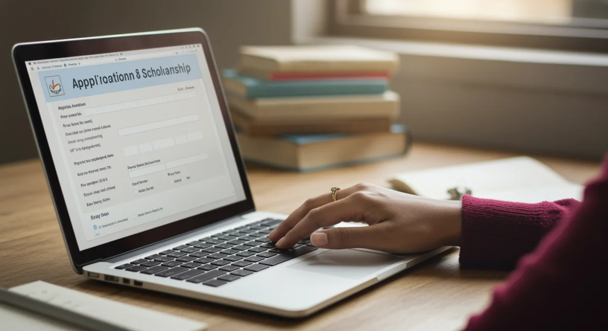 Mão preenchendo formulário de inscrição online para bolsa de estudo internacional em um laptop.