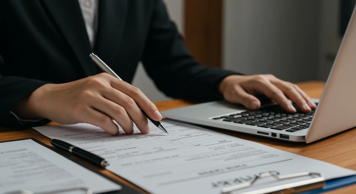 Mão preenchendo formulário online para validação de certificado técnico.